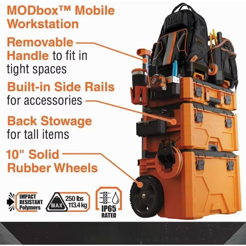 MODbox Rolling Tool Box, Heavy Duty Portable Tool Box Organizer with Side Mounting, 10-Inch Rubber Wheels, Removable Handle