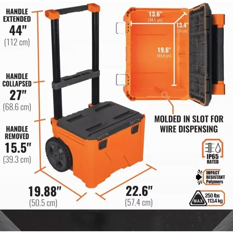 MODbox Rolling Tool Box, Heavy Duty Portable Tool Box Organizer with Side Mounting, 10-Inch Rubber Wheels, Removable Handle
