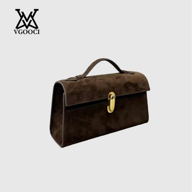 VGOOCI Genuine Leather Handbag Solid Color Simple Handbag Small Square Row Bag Women's Suede Savette Baguette bag for women